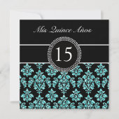 BLAUWGROEN GLITTER EFFECT BLACK DAMASK QUINCEANERA KAART (Voorkant)