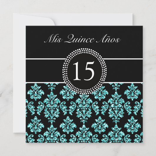 BLAUWGROEN GLITTER EFFECT BLACK DAMASK QUINCEANERA KAART (Voorkant)