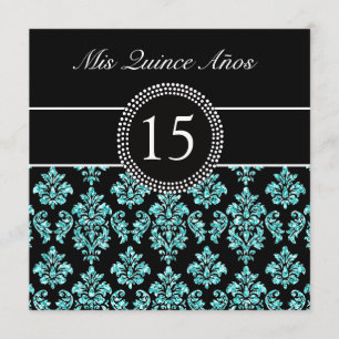 BLAUWGROEN GLITTER EFFECT BLACK DAMASK QUINCEANERA KAART