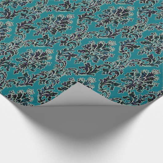 Blauwgroen Glitter Elegant  Damask Wrapping Paper Cadeaupapier (Hoek)