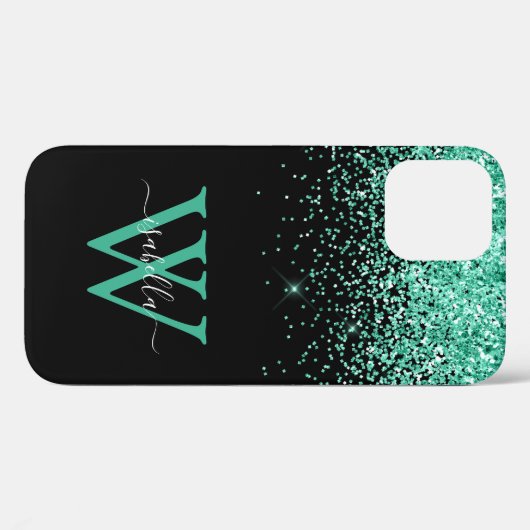 Blauwgroen Glitter Elegant Script Case-Mate iPhone Case (Achterkant (horizontaal))