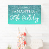 Blauwgroen Glitter en Turquoise 50th Birthday Spandoek (Insitu)