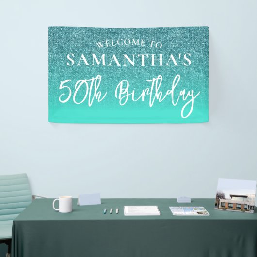 Blauwgroen Glitter en Turquoise 50th Birthday Spandoek (Beurs)