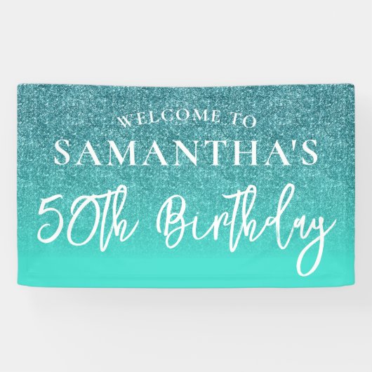Blauwgroen Glitter en Turquoise 50th Birthday Spandoek (Horizontaal)
