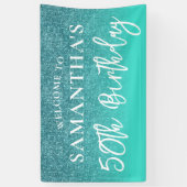 Blauwgroen Glitter en Turquoise 50th Birthday Spandoek (Verticaal)