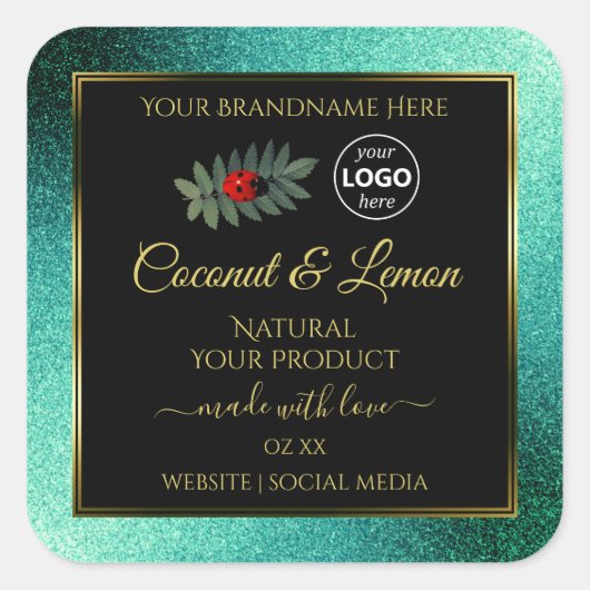 Blauwgroen Glitter- en Zwarte Product Labels - Lad (Voorkant)