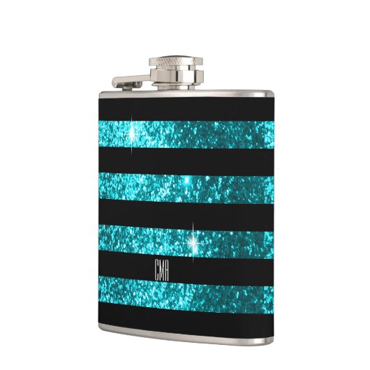 Blauwgroen glitter- en zwarte strepen | DIY-monogr Heupfles (Links)