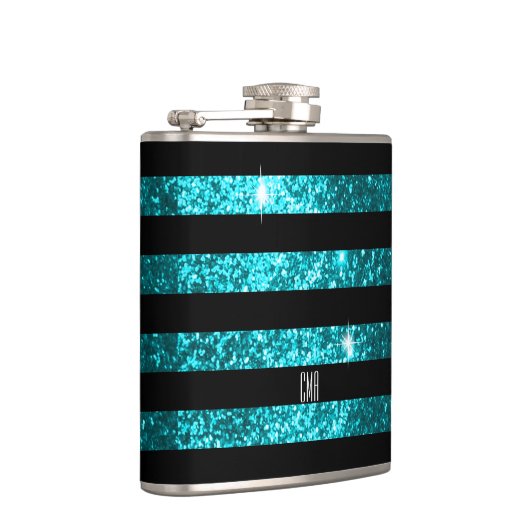 Blauwgroen glitter- en zwarte strepen | DIY-monogr Heupfles (Rechts)