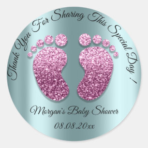 Blauwgroen Glitter Feet Baby shower Favor Bedankt Ronde Sticker