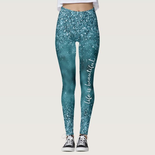 Blauwgroen Glitter Glitz sparkle glam gepersonalis Leggings (Voorkant)