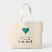 Blauwgroen Glitter Heart Inspirerend Grote Tote Bag (Voorkant)