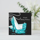 Blauwgroen Glitter High Heels Black Birthday Party Kaart (Staand voorkant)