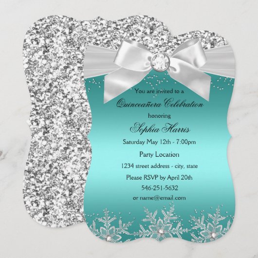 Blauwgroen Glitter Jewel Bow Snowflake Quinceanera Kaart (Voorkant / Achterkant)