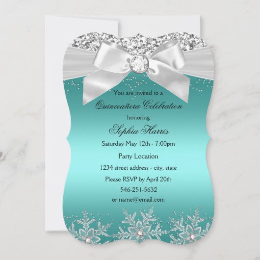 Blauwgroen Glitter Jewel Bow Snowflake Quinceanera Kaart (Voorkant)