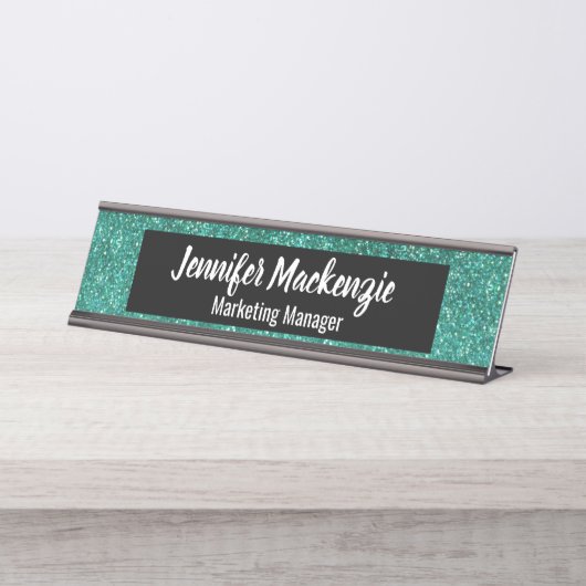 Blauwgroen Glitter Kantoor Desk Sign Bureau Naambordje (Voorkant)