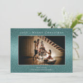 Blauwgroen Glitter Kerstmis Fotokaart Feestdagenkaart (Staand voorkant)