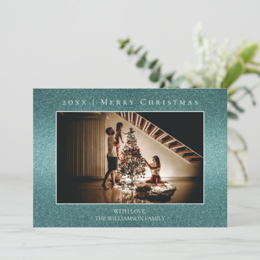 Blauwgroen Glitter Kerstmis Fotokaart Feestdagenkaart (Staand voorkant)