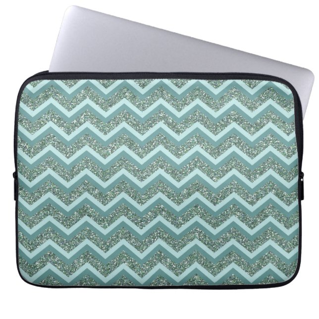 Blauwgroen glitter laptop sleeve (Voorkant)