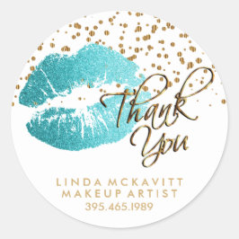 Blauwgroen glitter lippenstift op wit - Dank u Ronde Sticker