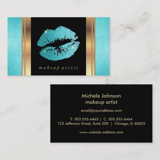 Blauwgroen Glitter Lips en Elegant Gold Visitekaartje (Voorkant / Achterkant)