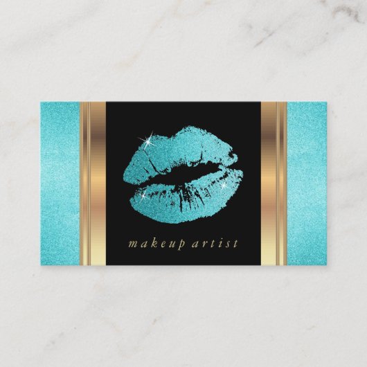 Blauwgroen Glitter Lips en Elegant Gold Visitekaartje (Voorkant)