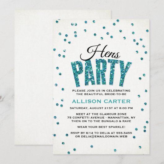 Blauwgroen Glitter look Confetti Hens Party Kaart (Voorkant / Achterkant)