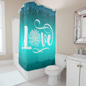 Blauwgroen Glitter LOVE Sunflower Douchegordijn (In situ)