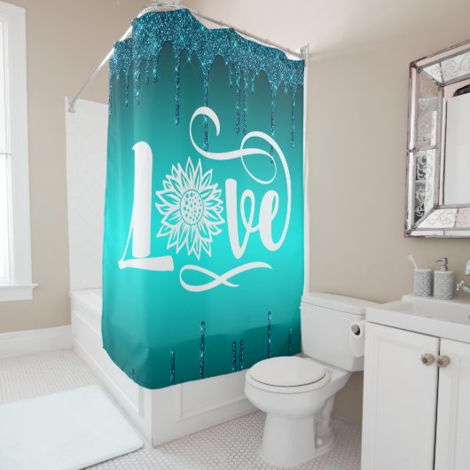 Blauwgroen Glitter LOVE Sunflower Douchegordijn (In situ)