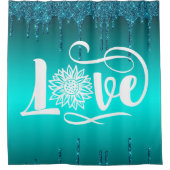 Blauwgroen Glitter LOVE Sunflower Douchegordijn (Voorkant)