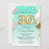 Blauwgroen Glitter Marmer & Gouden Ballonnen 30e V Kaart (Voorkant)