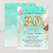 Blauwgroen Glitter Marmer & Gouden Ballonnen 30e V Kaart (Voorkant / Achterkant)