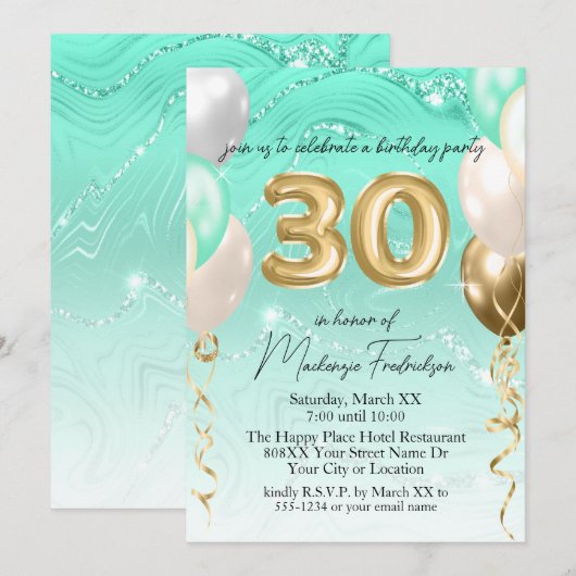Blauwgroen Glitter Marmer & Gouden Ballonnen 30e V Kaart (Voorkant / Achterkant)