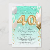 Blauwgroen Glitter Marmer & Gouden Ballonnen 40e V Kaart (Voorkant)