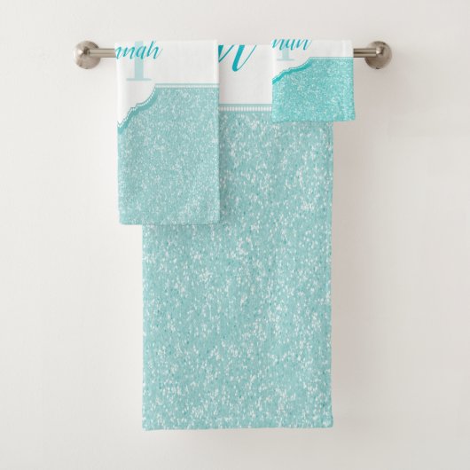 Blauwgroen Glitter Monogram Bath Towels Bad Handdoek (Insitu)