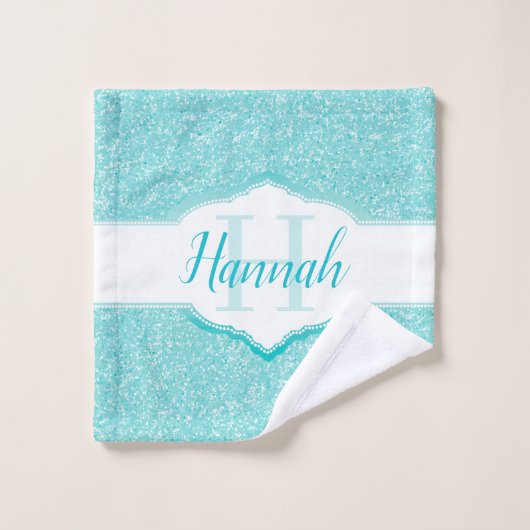 Blauwgroen Glitter Monogram Bath Towels Bad Handdoek (Wasdoekje)