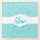 Blauwgroen Glitter Monogram Glazen Onderzetter (Voorkant)