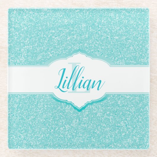 Blauwgroen Glitter Monogram Glazen Onderzetter (Voorkant)