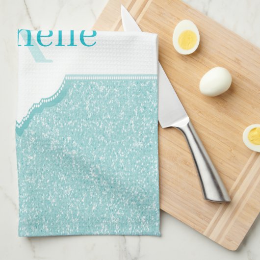 Blauwgroen Glitter Monogram keukenhanddoeken (Quarter Fold)