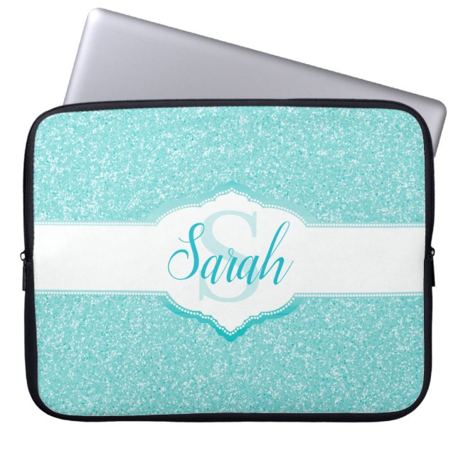 Blauwgroen Glitter Monogram Laptop Sleeve (Voorkant)