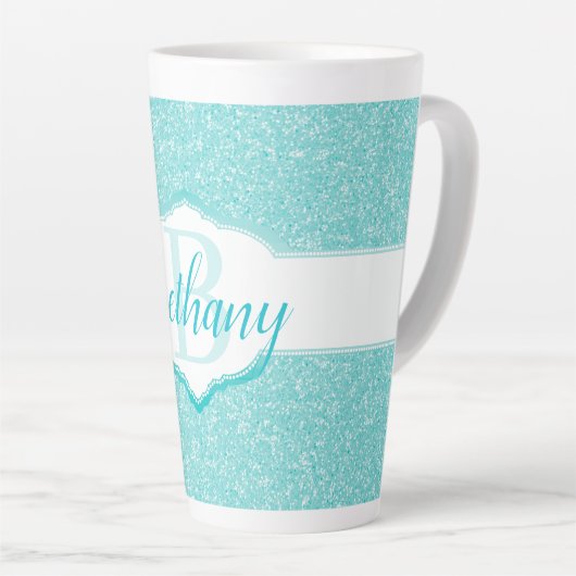 Blauwgroen Glitter Monogram Latte Mok (Rechterhoek)