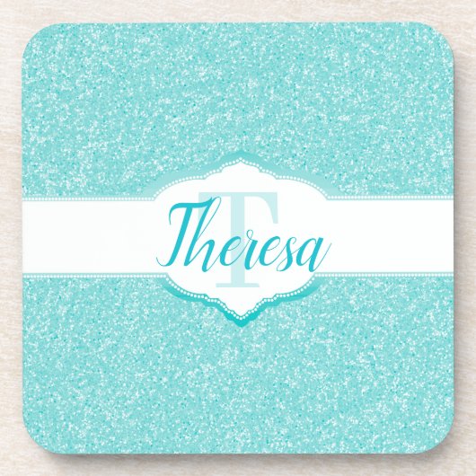 Blauwgroen Glitter Monogram Plastic Onderzetter (Voorkant)