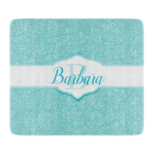 Blauwgroen Glitter Monogram Snijplank (Voorkant)