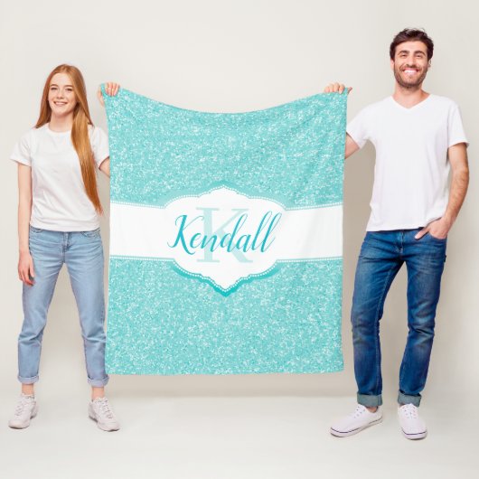 Blauwgroen Glitter Monogram Throw Blanket Fleece Deken (In situ)