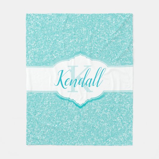 Blauwgroen Glitter Monogram Throw Blanket Fleece Deken (Voorkant)