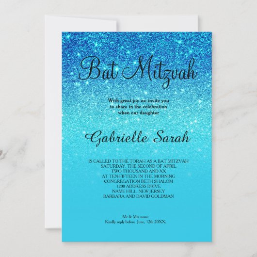 Blauwgroen glitter ombre elegant Bat Mitzvah Kaart (Voorkant)