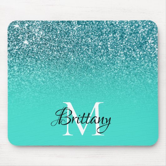 Blauwgroen Glitter Ombre Gepersonaliseerd Monogram Muismat (Voorkant)