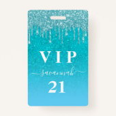 Blauwgroen glitter op de geboorte druppelt blauwe  badge (Voorkant)