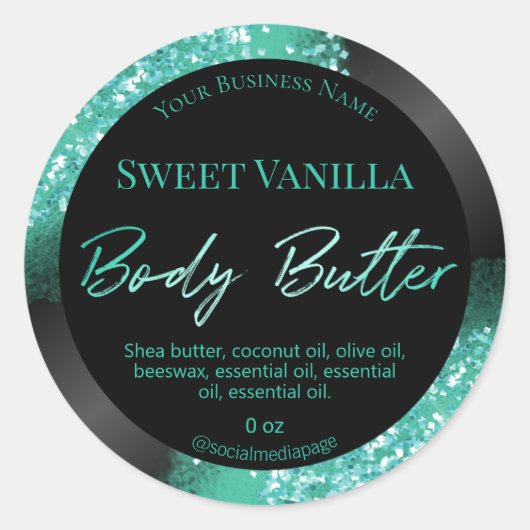 Blauwgroen glitter op zwarte body boterlabels ronde sticker (Voorkant)