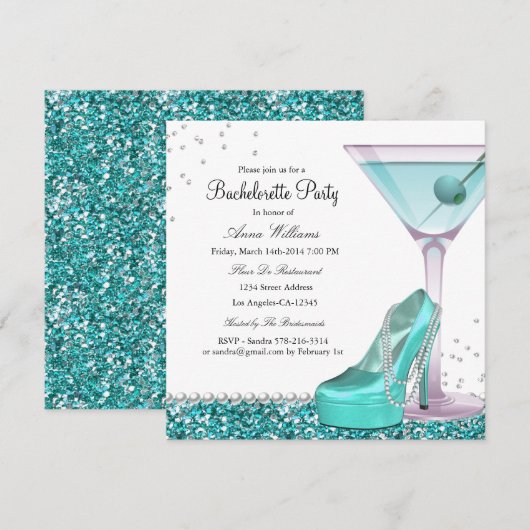 Blauwgroen Glitter Pearl Bachelorette Party nodigt Kaart (Voorkant / Achterkant)