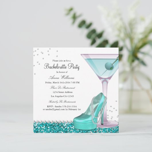 Blauwgroen Glitter Pearl Bachelorette Party nodigt Kaart (Staand voorkant)